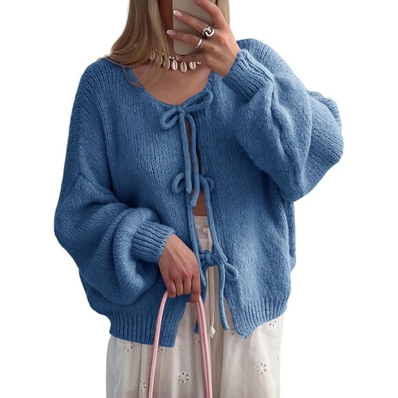 Womens Knit Cardigan Long Sleeve Tie Front Bow Drop Shoulder Casual - Picture 1 of 5